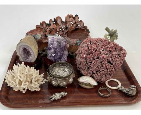 Tray lot with soapstone, quartz and coral, and small silver items.
