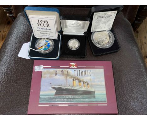 Silver proof coins inc RMS Titanic commemorative proof medal, 1995 Waltzing Matilda one dollar, 1993 Kookaburra 2oz and 1998 