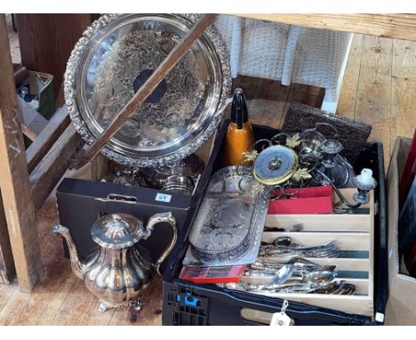 Two boxes with silver plated tea set, flatware, etc.