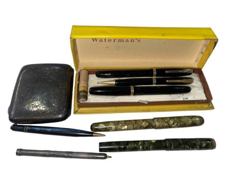 Silver cigarette case, silver pencil and six pens.