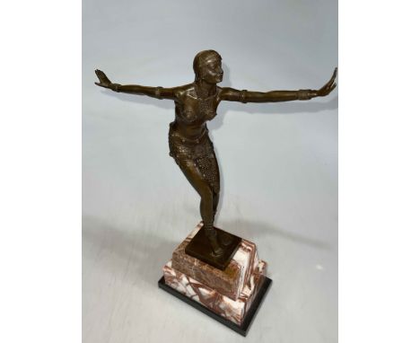 Art Deco style bronze figure of dancer on marble plinth, 48cm high.