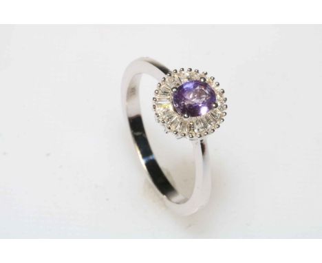 Purple sapphire and diamond 18 carat white gold ring, size R, with certificate.