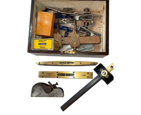 Victorian rosewood box with vintage spirit levels, plane, gauges, etc.