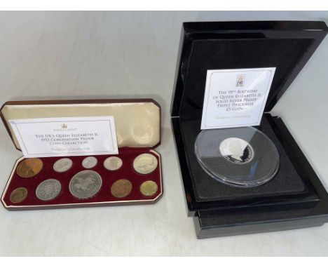 Jubilee Mint - The 95th Birthday of QEII solid silver proof triple thickness £5 (75g) and The UK's Queen Elizabeth II 1953 Co