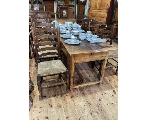 Antique provincial French cherrywood rectangular farmhouse table having two frieze drawers, 79cm by 211cm by 75cm together wi