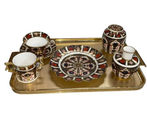 Royal Crown Derby Imari pattern fluted plate, tea caddy, vase, loving cup and cup and saucer (5).