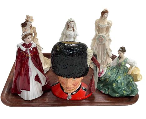 Five lady figures including Royal Worcester, Coalport and Royal Doulton, and The Guardsman toby (6).