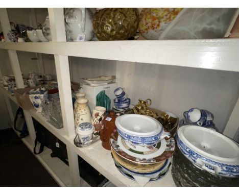 Full shelf of china and glass including Royal Doulton, Coalport and Royal Worcester figures, pair Crown Devon vases, teawares