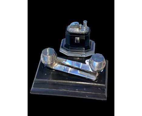Silver double pipe inkstand, Birmingham 1910, 17cm wide and Ronson Touch Tip table lighter (2).