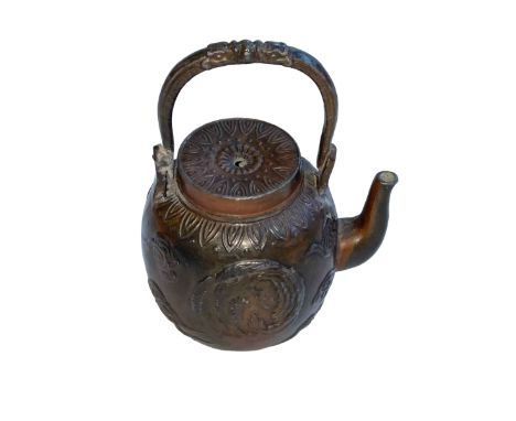 19th Century Chinese bronze water dropper in the form of a teapot decorated with embossed dragon and clouds, 9cm.