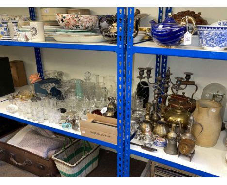 Pair of silver plated candelabra, copper and brass wares including kettles, glassware including decanters, vases, paperweight