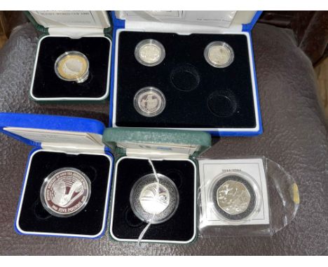 Seven Royal Mint silver proof coins inc UK £1 2003, 2004 and 2005, D-Day commemorative fifty pence, 150 Years of Public Libra