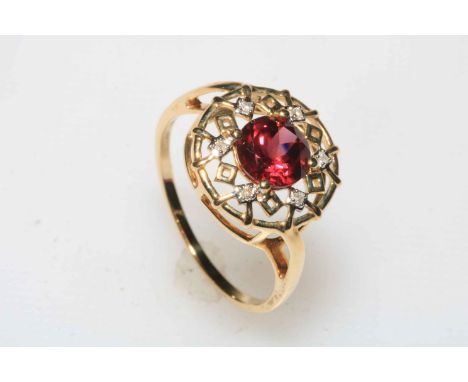 Garnet and diamond 9 carat gold ring, size R/S, with certificate.