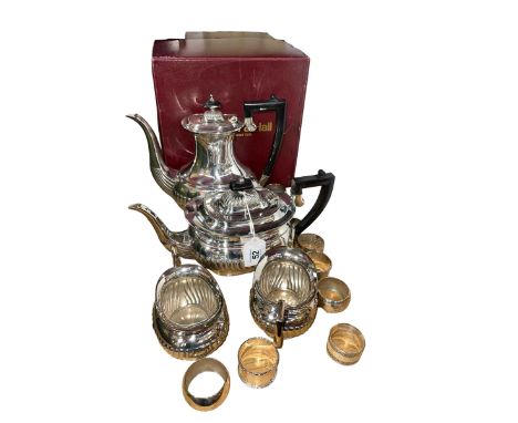 Walker &amp; Hall silver plated tea and coffee service with boxes, and napkin rings.
