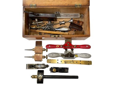 Box with vintage plane, mortice gauge, spoke shaves, etc.