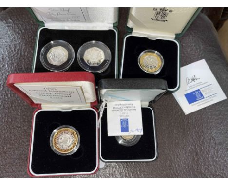 1998 GB Royal Mint silver proof coins inc 1998 fifty pence NHS and EEC, 1998 two pound, 2001 £2 Wireless Bridges, 1997 Britan