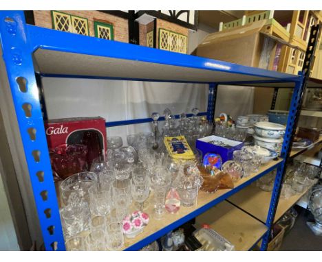 Collection of crystal and other glass including decanters, paperweights, blue and white and other dinnerware, vintage leather