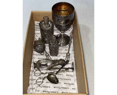 Silver items including three scent bottles, sugar nips and EP goblet, etc.