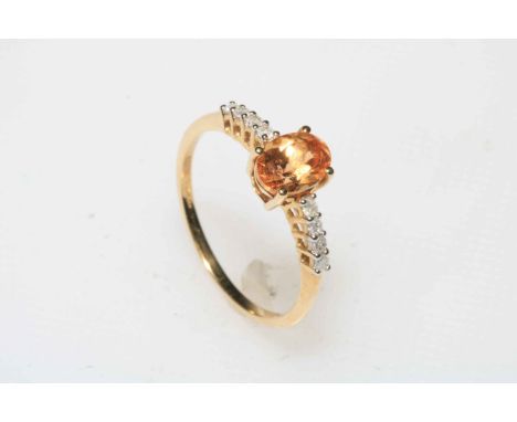 Ceylon Imperial garnet and diamond 9 carat gold ring, size N/O, with certificate.