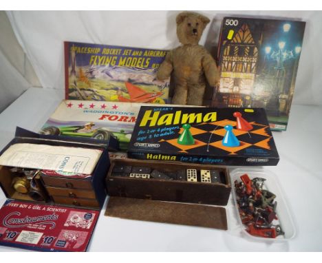 A mixed lot of vintage toys and games to include Construments, magnifiers, kaleidoscopes, microscopes, cameras, toy soldiers,