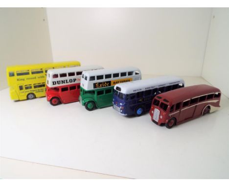 Dinky Toys - five buses and coaches luxury coach, BOAC bus # 283, Double Decker 'Exide Batteries', Double Decker 'Dunlop' and