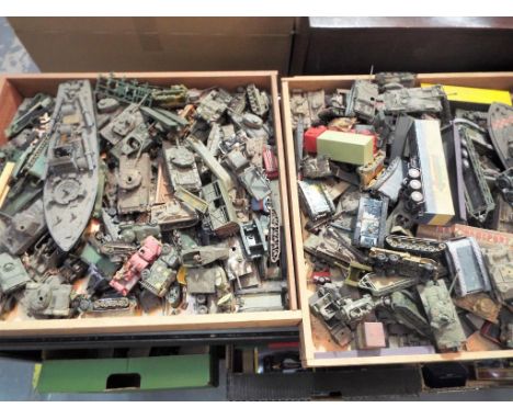 Two boxes containing numerous military kit models, tank, army personnel carriers and similar (2)