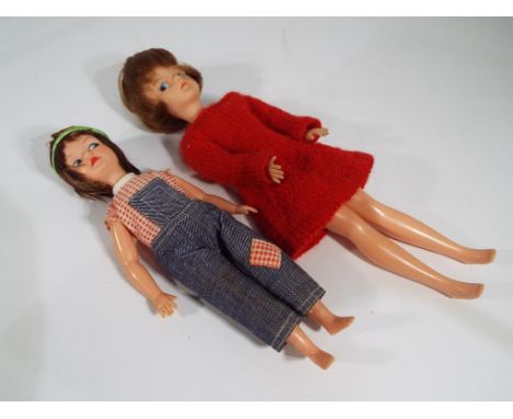 Sindy and Patch - two dressed dolls, Patch with original clothing,  ca 1966, Sindy 30 cm, Patch 23 cm 