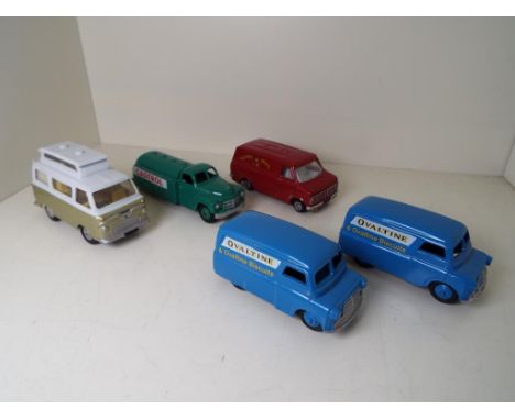 Dinky Toys - five diecast models comprising Royal Mail Bedford van, two Ovaltine Bedford vans, Castrol Tanker and Ford Thames