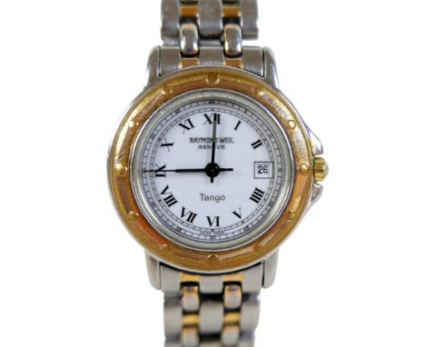 A Raymond Weil Tango ladies wrist watch, Roman numerals, date aperture, case marked 5360, stainless steel strap, 2.6 cm dia f