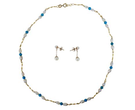 An 18ct gold, pearl and turquoise necklace, 7g, plus pair of pearl stud earring pendant drops on good mounts.