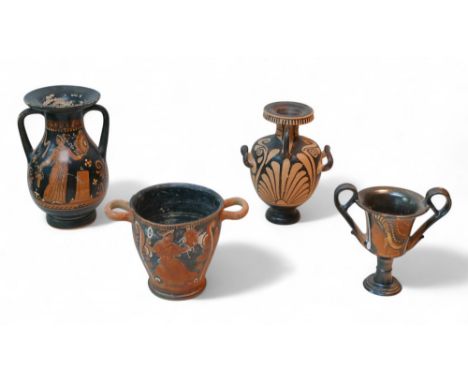 Four pieces of 4th century BCE Kerch style terracotta, including a neck amphora, 17.5 by 26cm high, as well as a skyphos, 23 