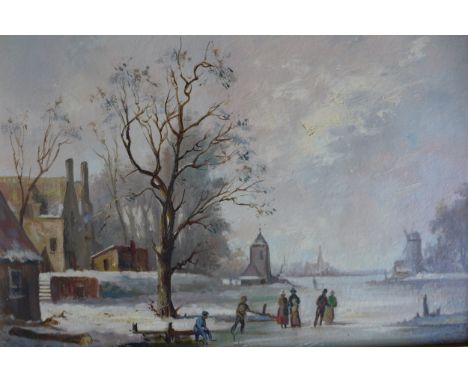 M. Jefferis (20th century): skating scene after a Dutch Old Master, oil on board, 29 by 39cm, framed.