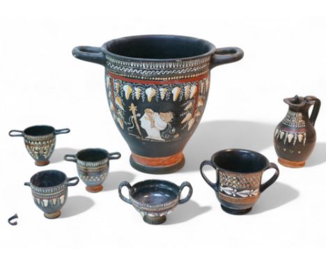 Seven pieces of Attic style terracotta pottery, all with Kerch style decoration, including a bell krater style vase, 39.5 by 