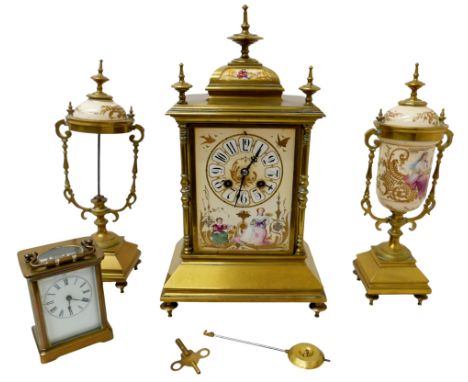 A 19th century French brass and porcelain clock garniture set, Japy Freres movement striking on a gong, one garniture damaged
