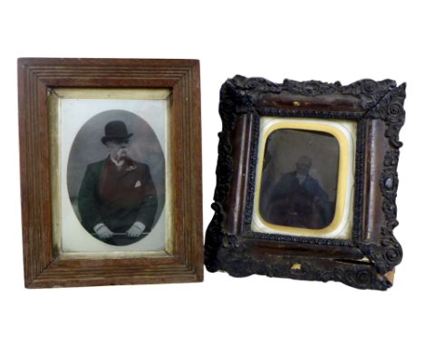 Two 19th century photographs on glass, one depicting a gentleman in a bowler hat holding a whip, both framed, image sizes 13 
