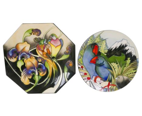 Two Moorcroft Pottery plates Takahe designed by Emma Bossons trial piece 22cm diameter and an octagonal plate Fleur de Luce p