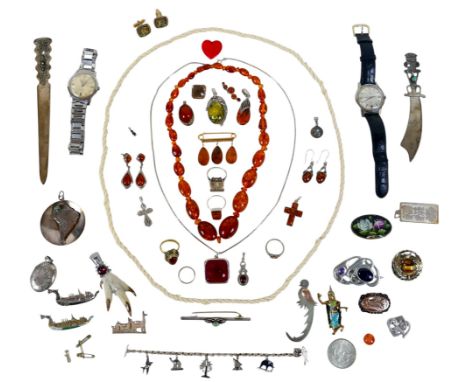 A collection of assorted jewellery, including amber style and silver mounted jewellery, two Rado wrist watches, together with