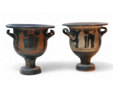 Two 4th century BCE Attic style bell krater vases, both with stopped meander decoration, 29 by 28cm high overall. (2)
