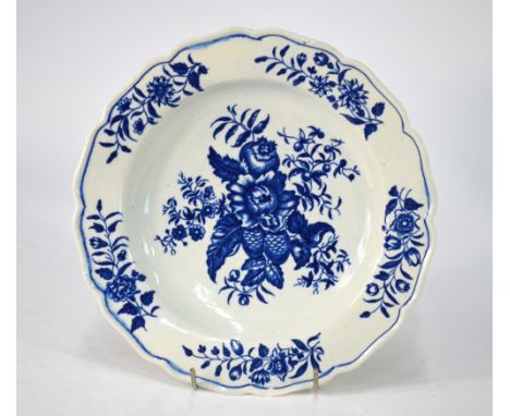 A Worcester first period blue and white shaped soup plate decorated with the fir cone pattern, pseudo underglaze blue Chinese