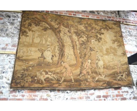 A large old Belgium machined wall tapestry panel, depicting an 18th century hunting scene, 177 x 260 cm
