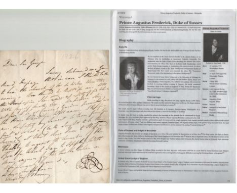 Prince Augustus Frederick, Duke of Sussex ALS dated 1826 interesting content. Prince Augustus Frederick, Duke of Sussex, KG, 