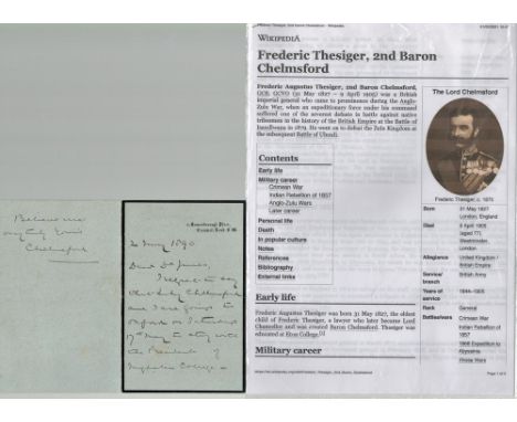 Frederic Thesiger, 2nd Baron Chelmsford ALS dated 2nd May 1890 taken from the Kirby collection. Frederic Augustus Thesiger, 2