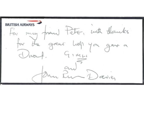John Rhys-Davies signed dedicated British Airways card approx 3 x 7 inches. John Rhys-Davies 5/5/1944 is a Welsh actor appear