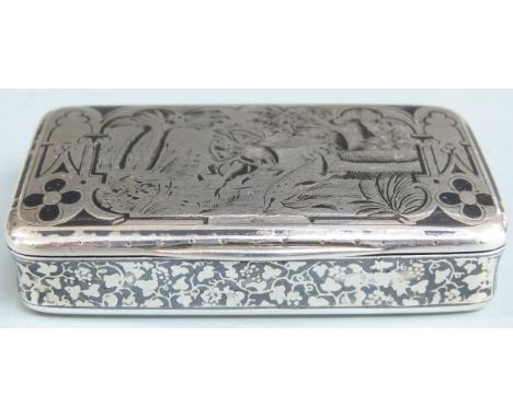Likely French Niello white metal snuff box with hunting scene to lid and foliate decoration to the other surfaces, marks indi