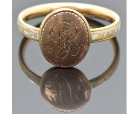 Georgian ring set with a gold cartouche engraved with initials and white enamel to the band reading "Mary Barnard Ob 17th Sep