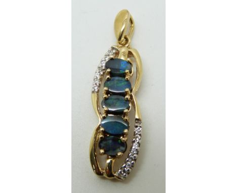 A 9ct gold pendant set with five boulder opals (total 1.6ct) and zircon, 4.1g