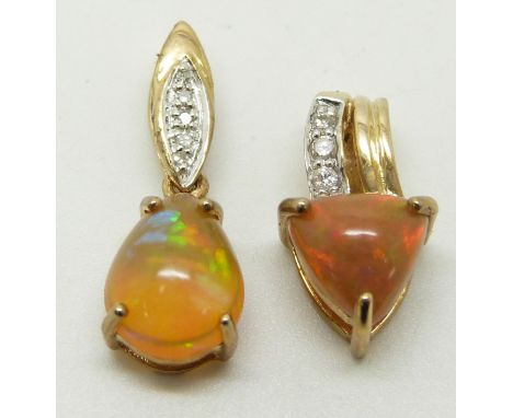 Two 9ct gold pendants set with Indonesian opal cabochons and diamonds&nbsp;