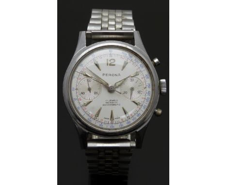 Perona gentleman's chronograph wristwatch with luminous hands and arrow markers, inset subsidiary dials, silver dial, stainle