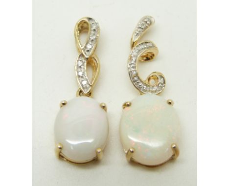 Two 9ct gold pendants set with an oval opal cabochon and diamonds, 2.8g