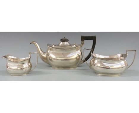 George V hallmarked silver three piece teaset, Chester 1926 maker&nbsp;Barker Brothers,&nbsp;length of teapot 28cm, weight 91